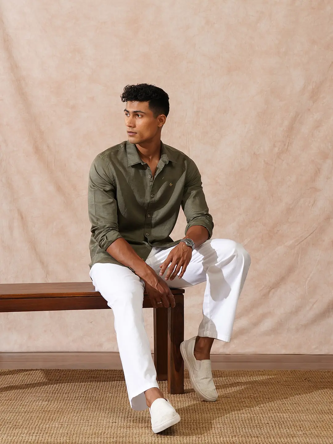 Solid Linen Blend Shirt | Olive - Image 3