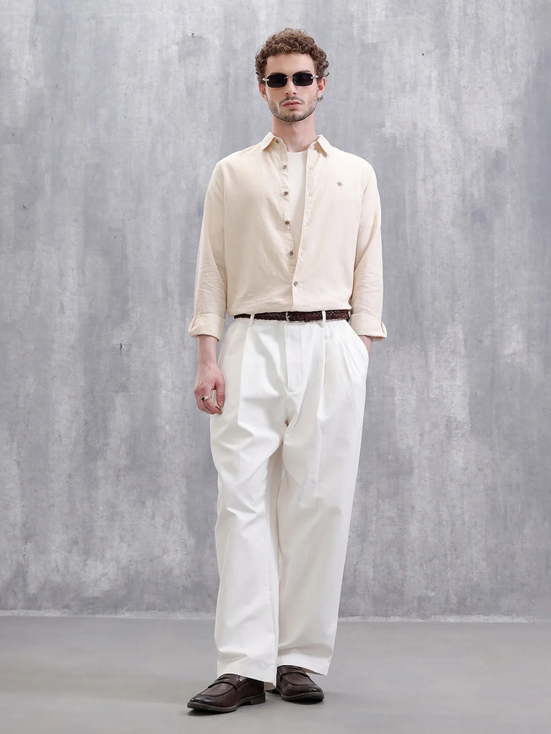 Solid Linen Blend Slim Fit Shirt | Beige - Image 3