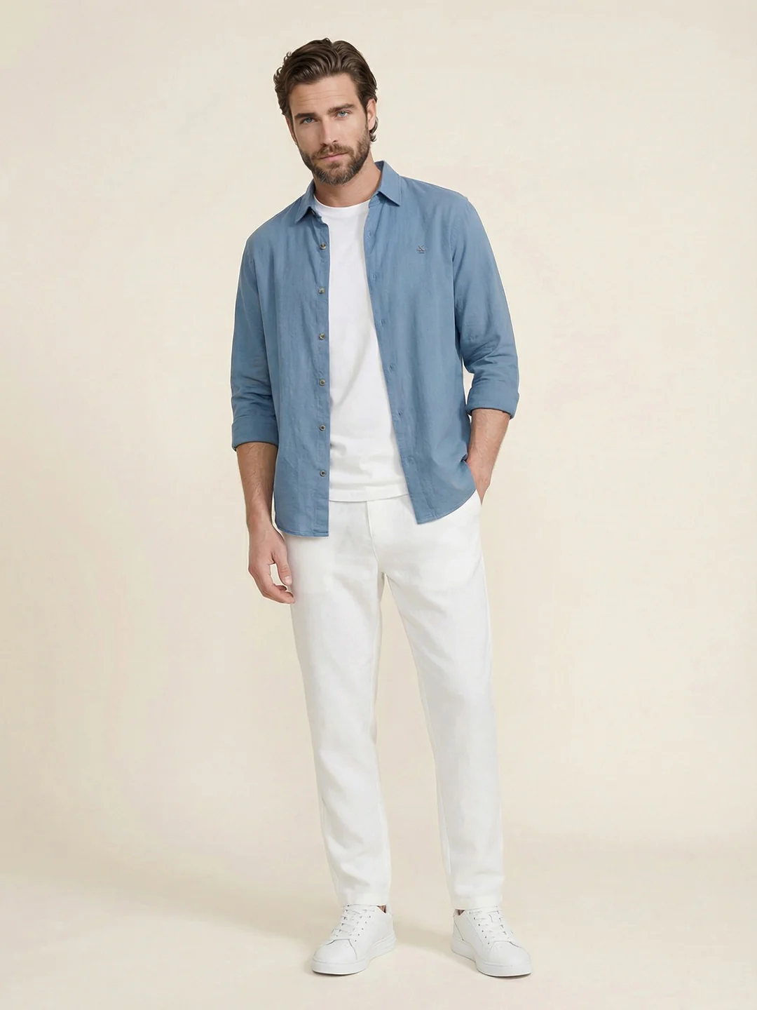 Solid Linen Blend Slim Fit Shirt | Blue - Image 2