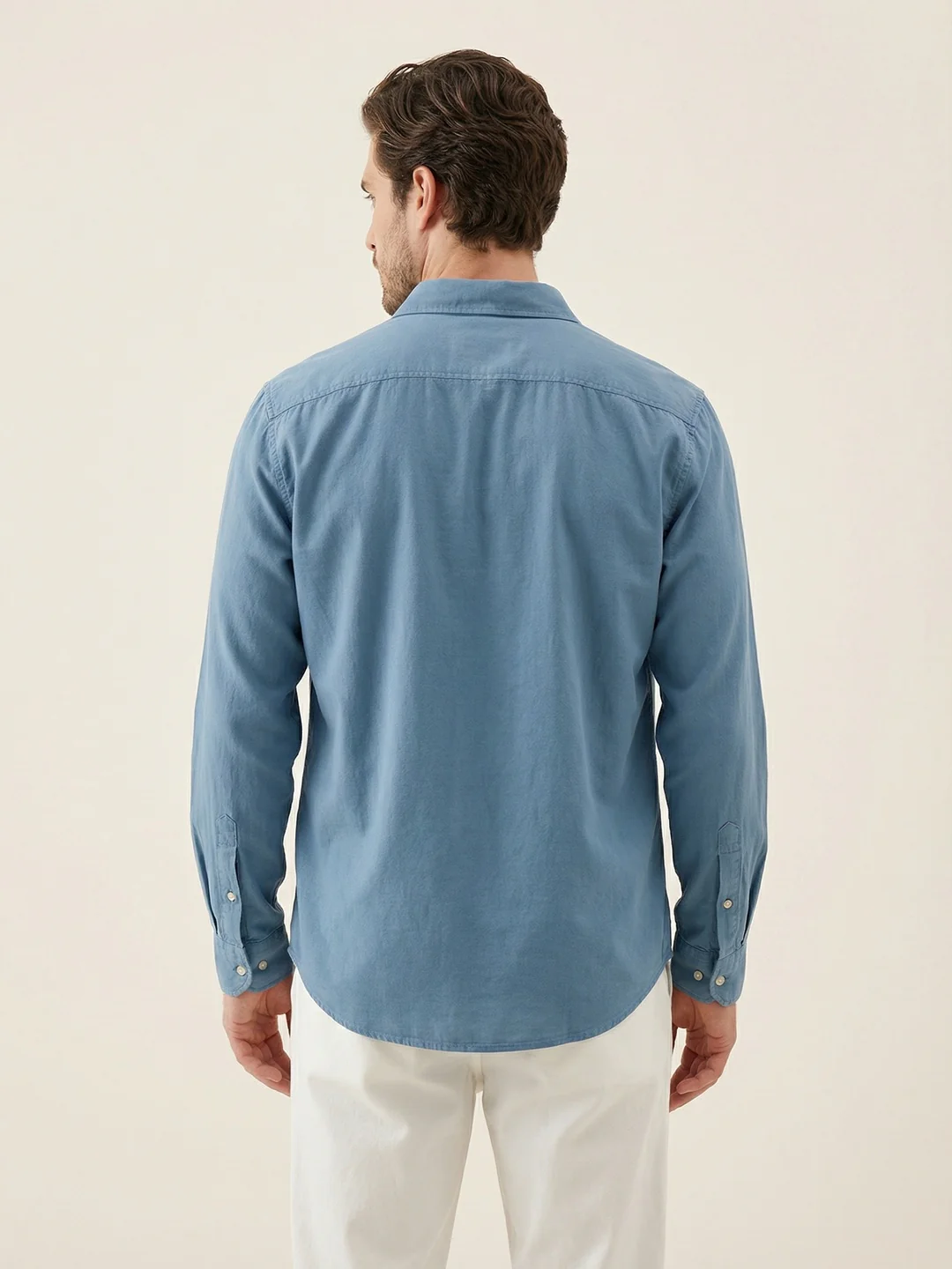 Solid Linen Blend Slim Fit Shirt | Blue - Image 3