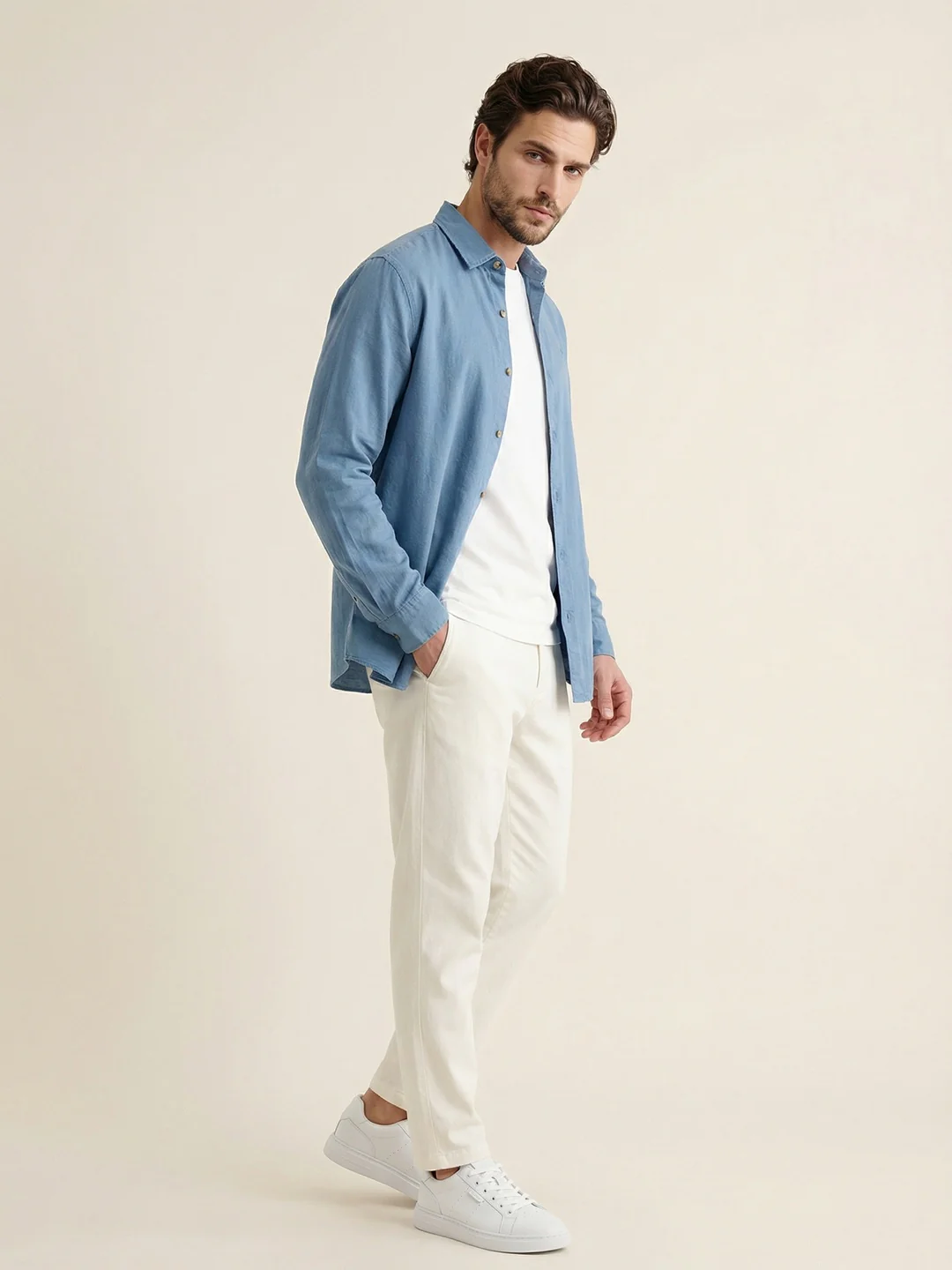 Solid Linen Blend Slim Fit Shirt | Blue - Image 4