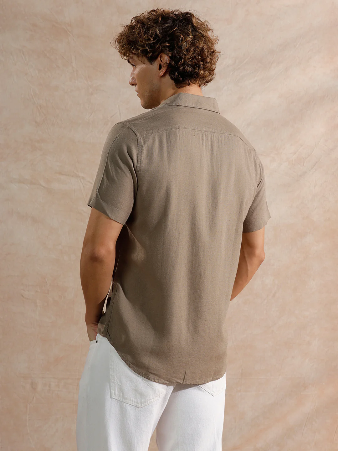 Solid Linen Blend Slim Fit Shirt | Brown - Image 4