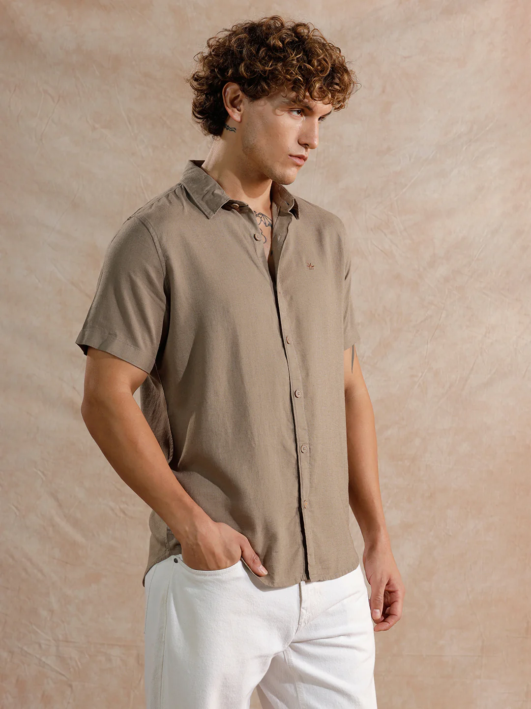 Solid Linen Blend Slim Fit Shirt | Brown - Image 5