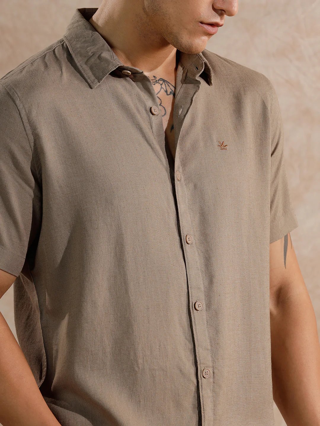 Solid Linen Blend Slim Fit Shirt | Brown - Image 6