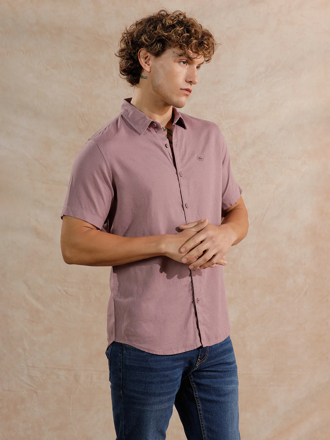 Solid Linen Blend Slim Fit Shirt | Dark Pink - Image 4