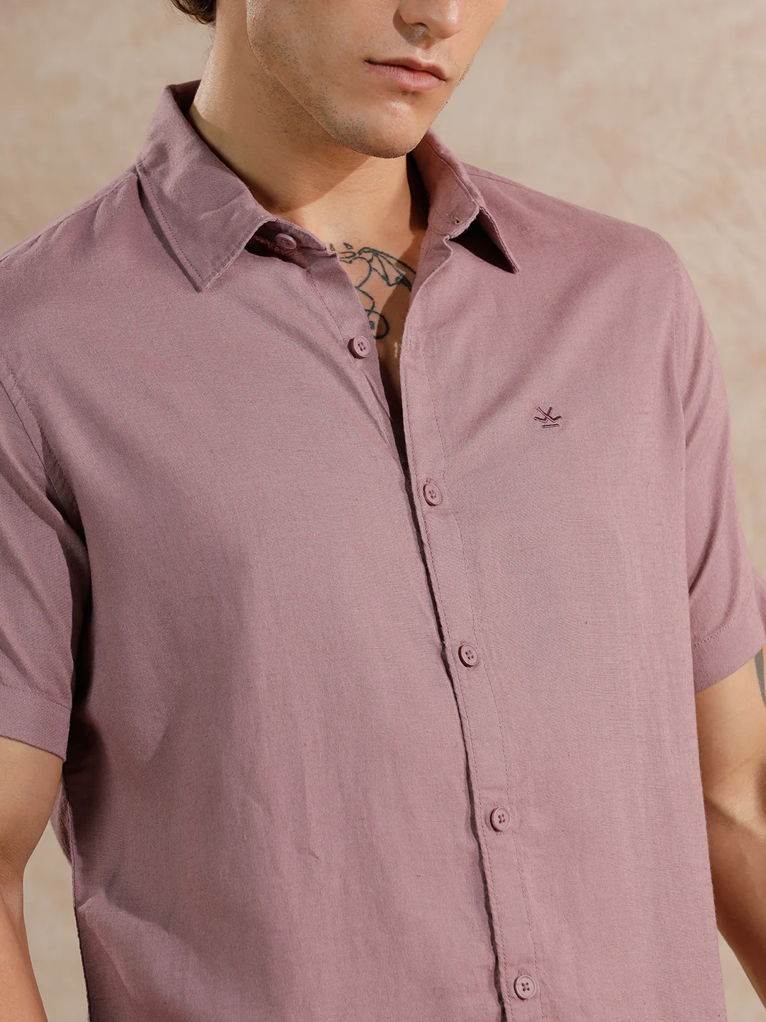 Solid Linen Blend Slim Fit Shirt | Dark Pink - Image 5