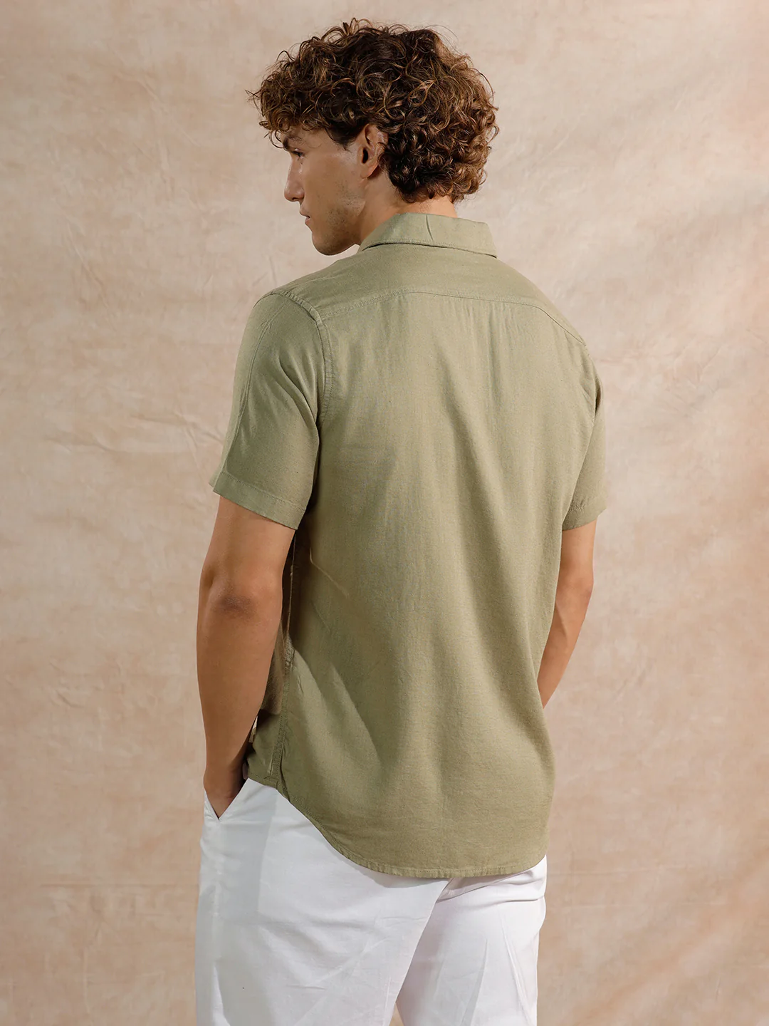 Solid Linen Blend Slim Fit Shirt | Olive - Image 3