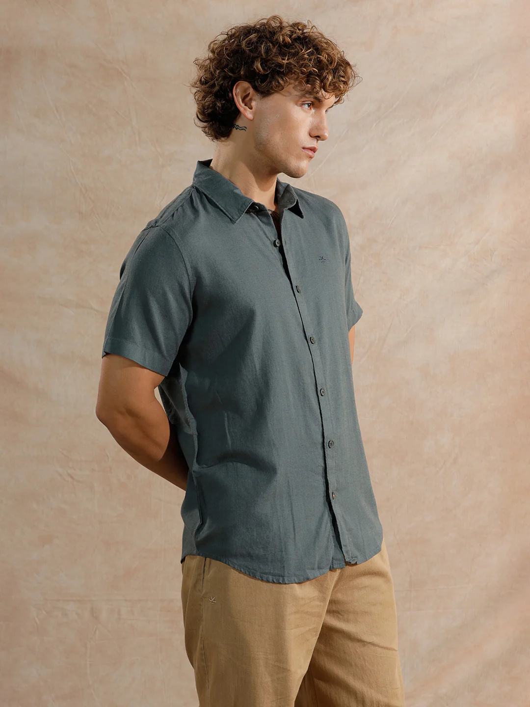 Solid Linen Blend Slim Fit Shirt | Teal - Image 4