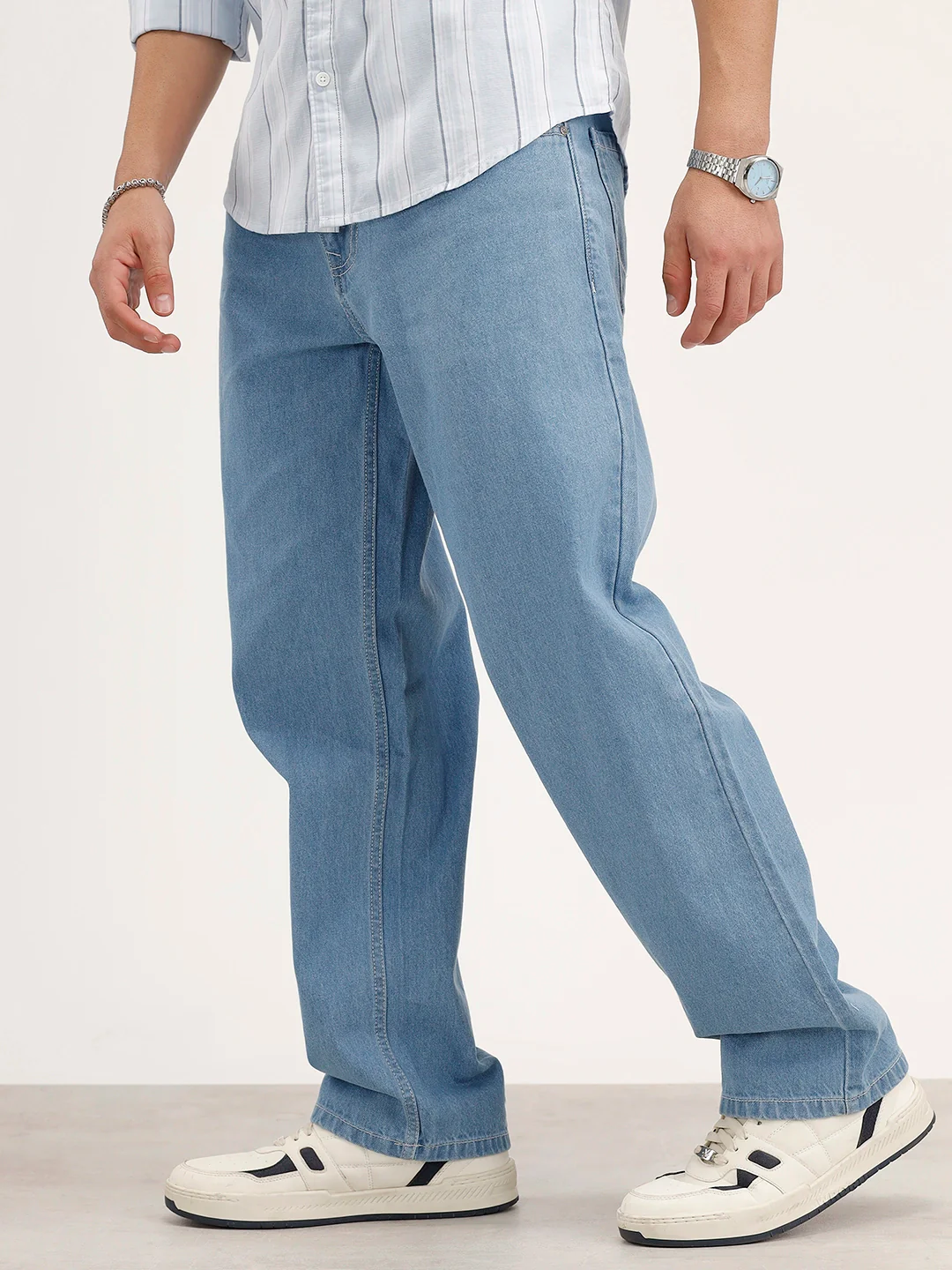 Solid Loose Fit Denim Jeans | Light Blue - Image 4
