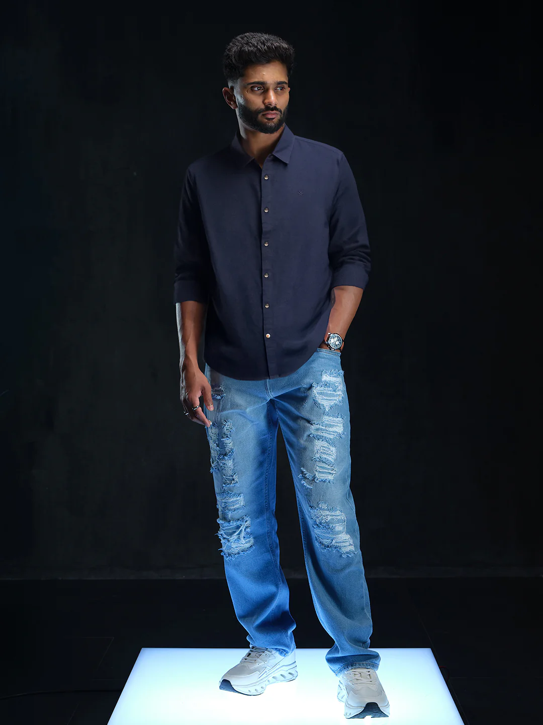 Solid Navy Cotton Linen Shirt - Image 2