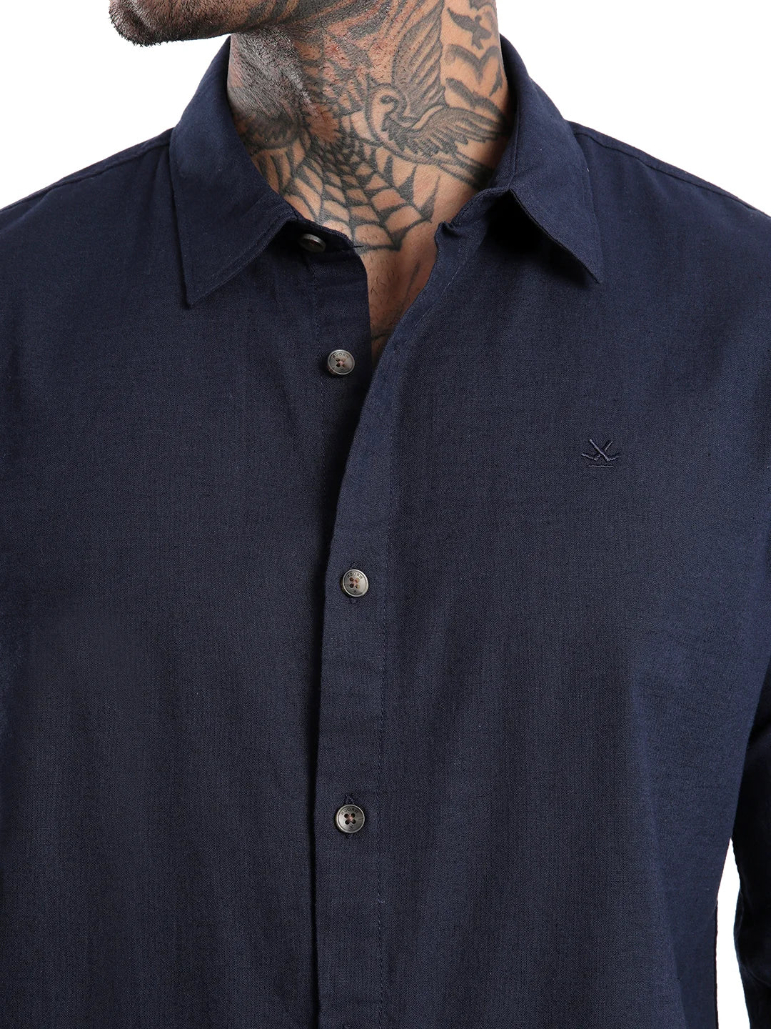 Solid Navy Cotton Linen Shirt - Image 6