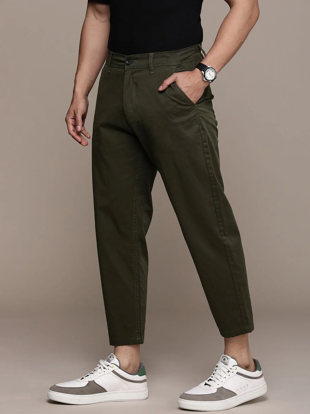 Solid Olive Woven Chinos Trousers - Image 2