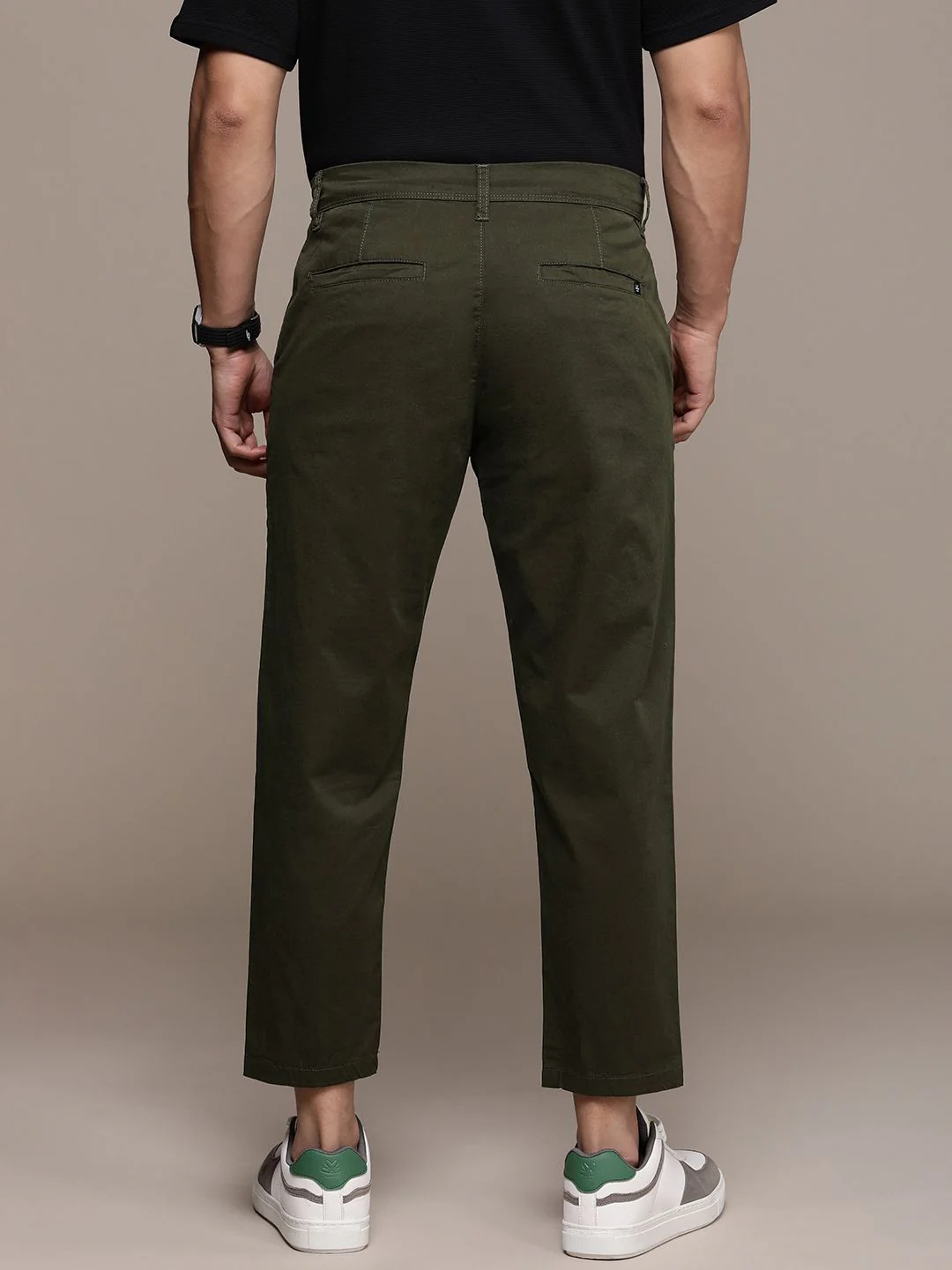 Solid Olive Woven Chinos Trousers - Image 3