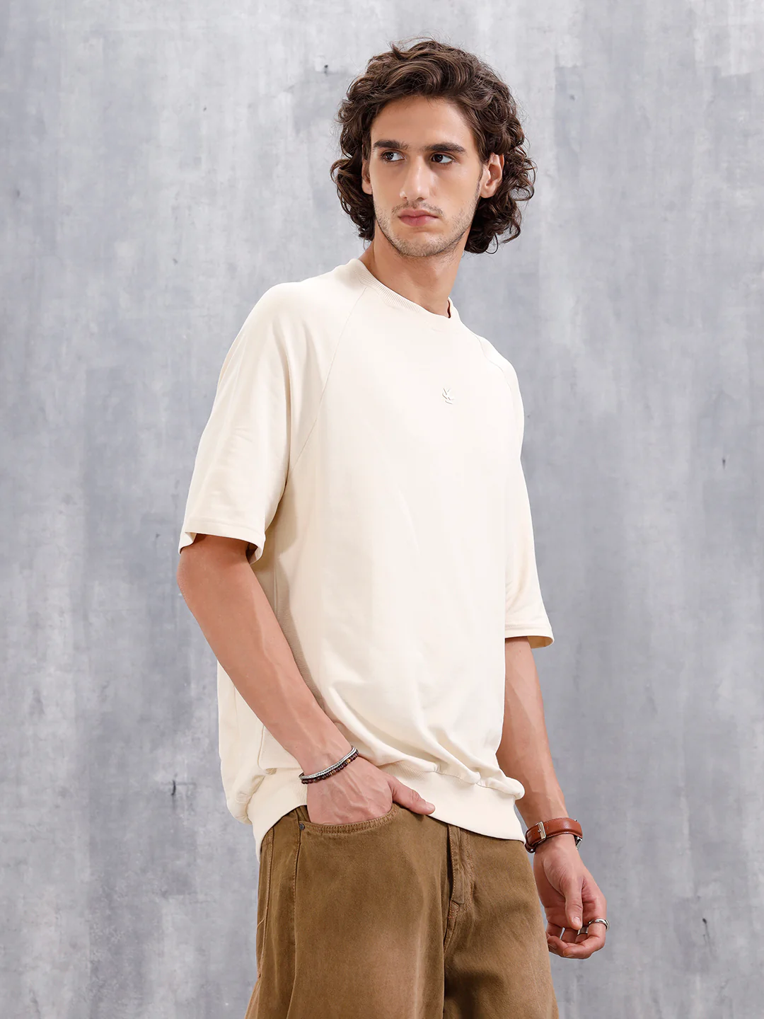 Solid Oversized Crew Neck T-shirt | Beige - Image 4