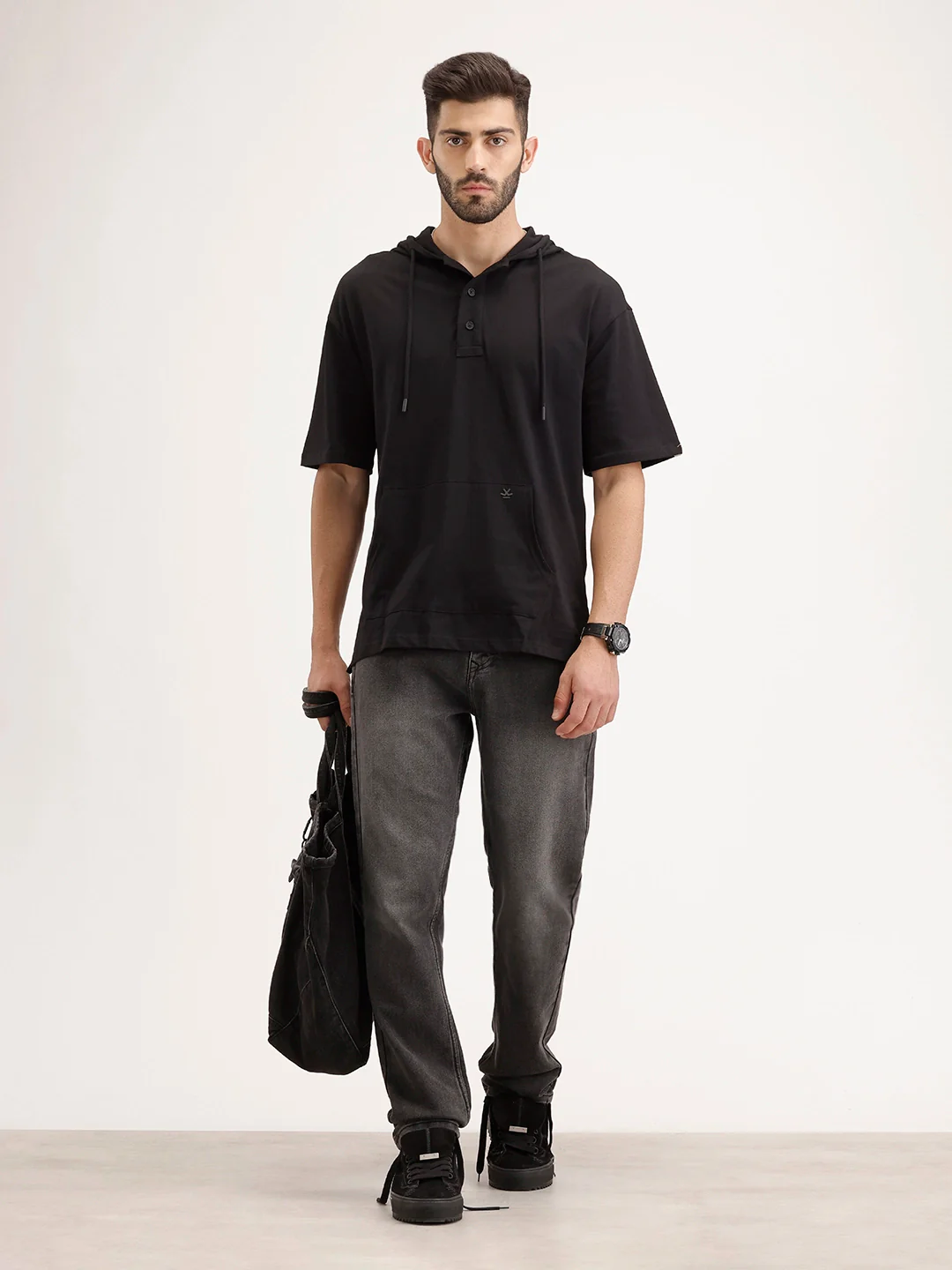 Solid Oversized Hooded T-Shirt | Black - Image 2