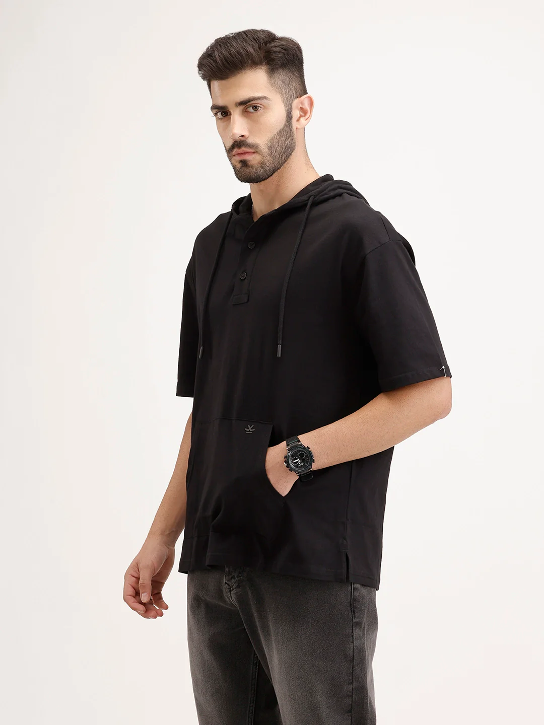 Solid Oversized Hooded T-Shirt | Black - Image 4