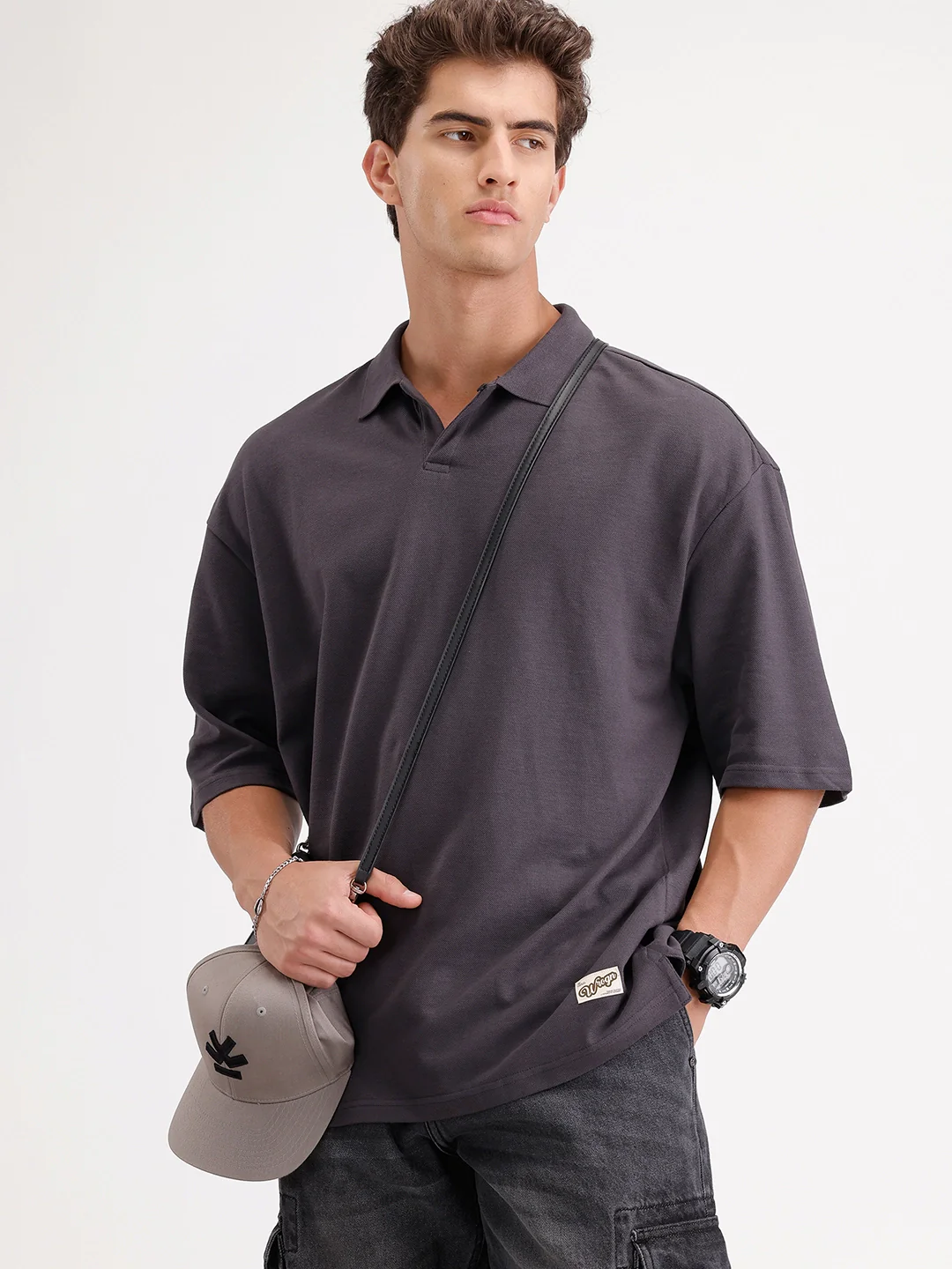 Solid Oversized Polo T-Shirt | Dark Grey - Image 2