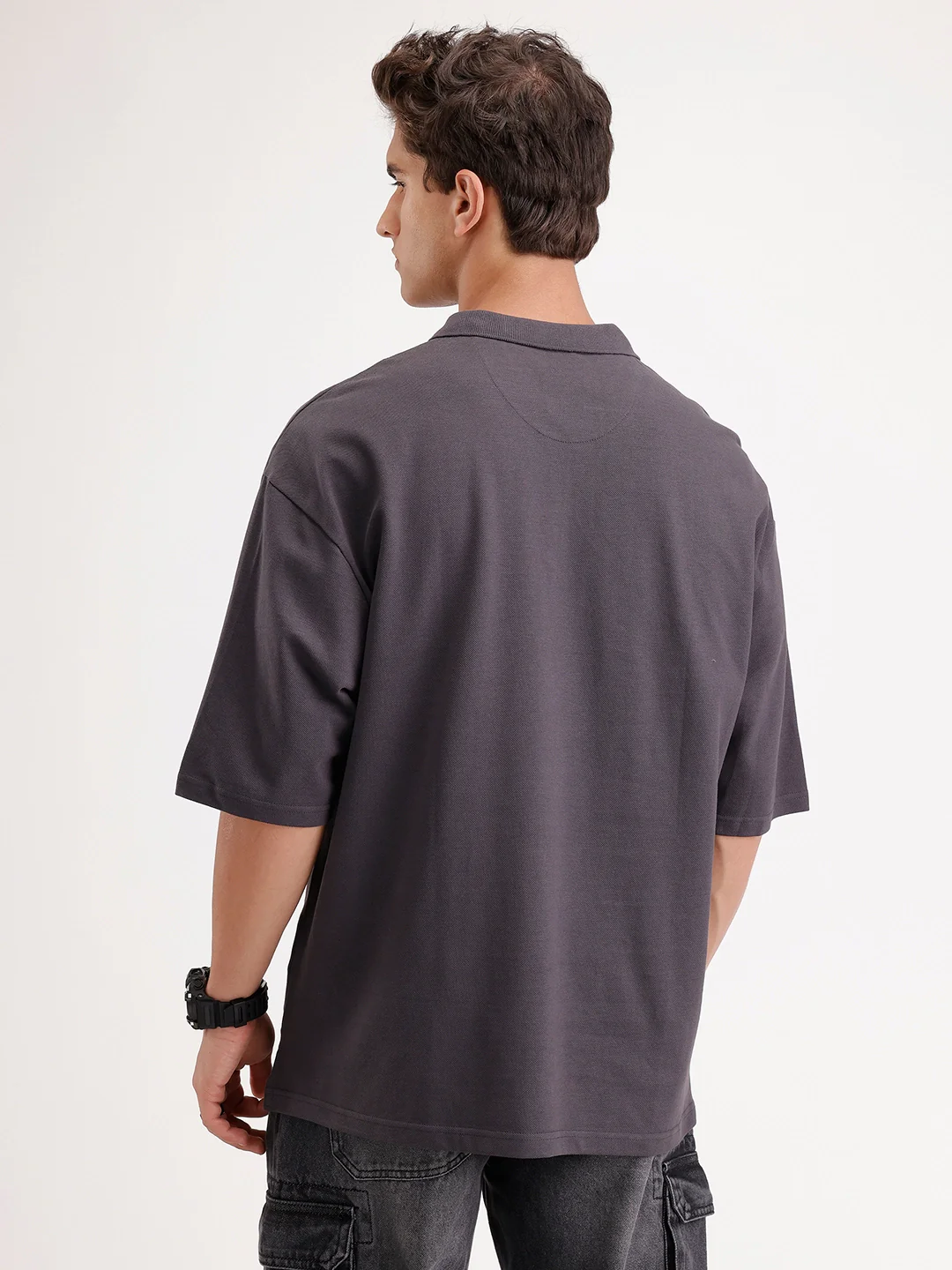 Solid Oversized Polo T-Shirt | Dark Grey - Image 3