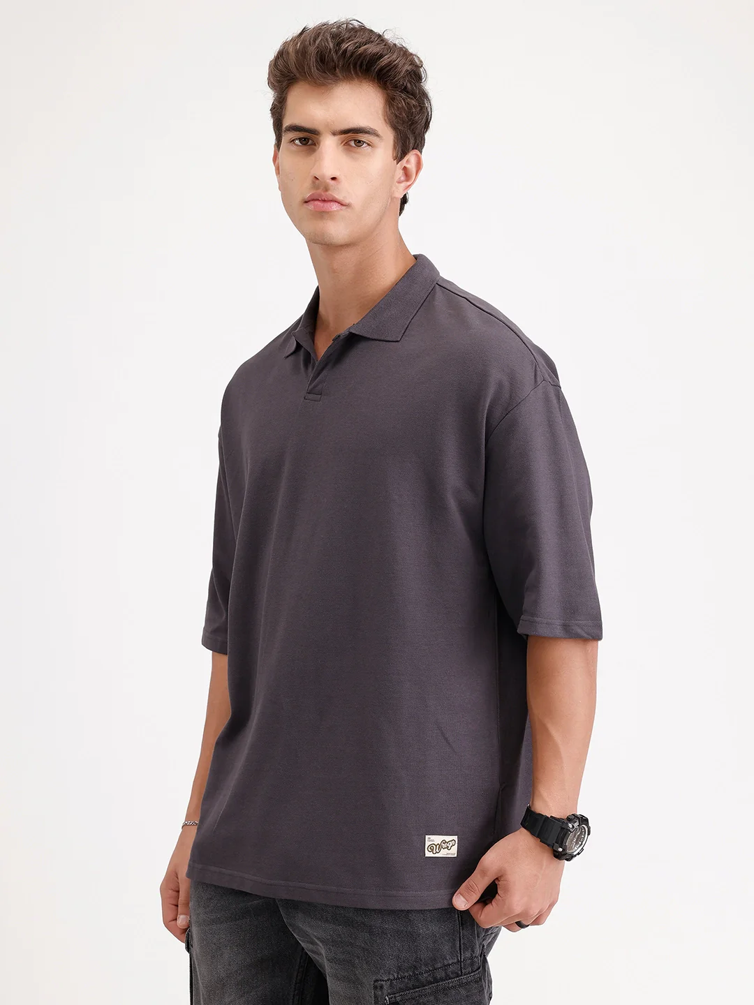 Solid Oversized Polo T-Shirt | Dark Grey - Image 4