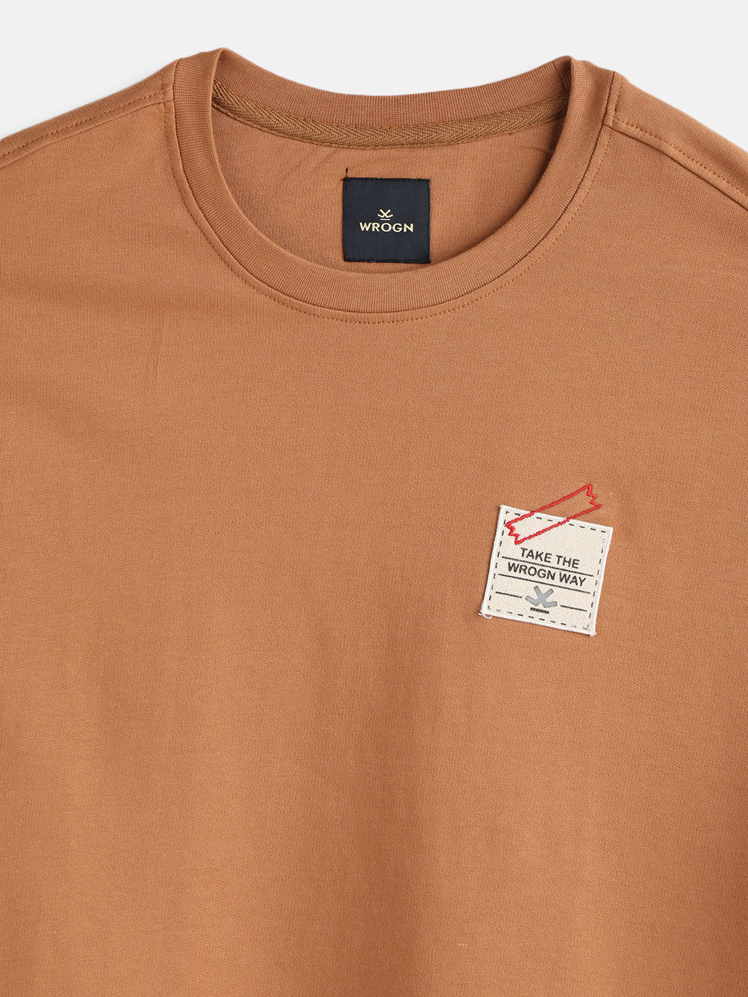 Solid Oversized T-Shirt With Printed Canvas Patch And Raw Edge Detail | Brown - Image 3