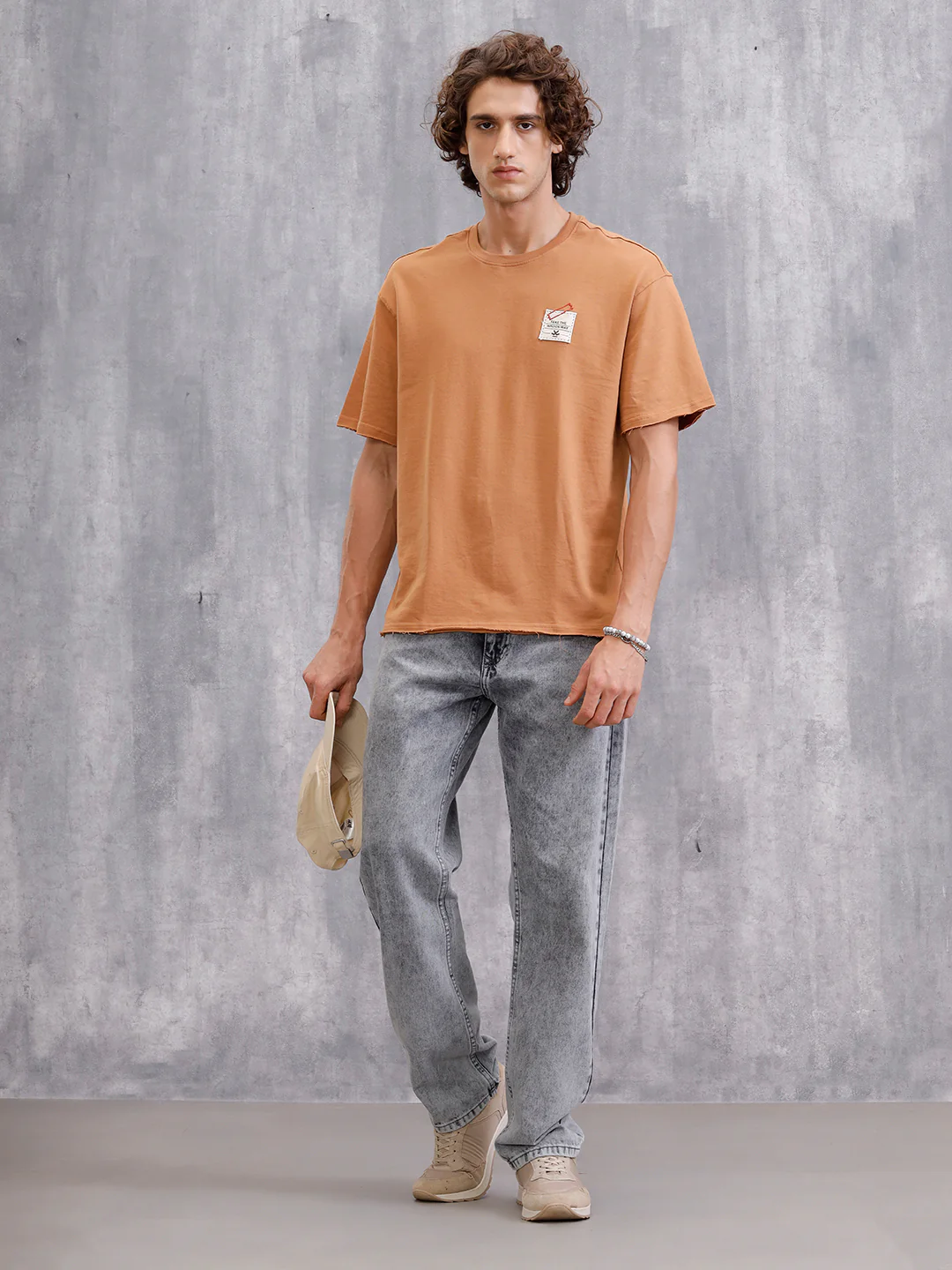 Solid Oversized T-Shirt With Printed Canvas Patch And Raw Edge Detail | Brown - Image 5
