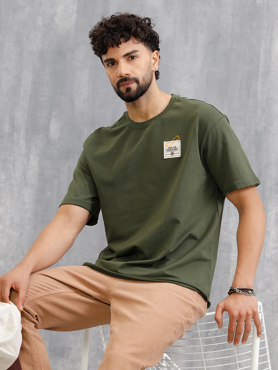 Solid Oversized T-Shirt With Printed Canvas Patch And Raw Edge Detail | Olive - Image 4