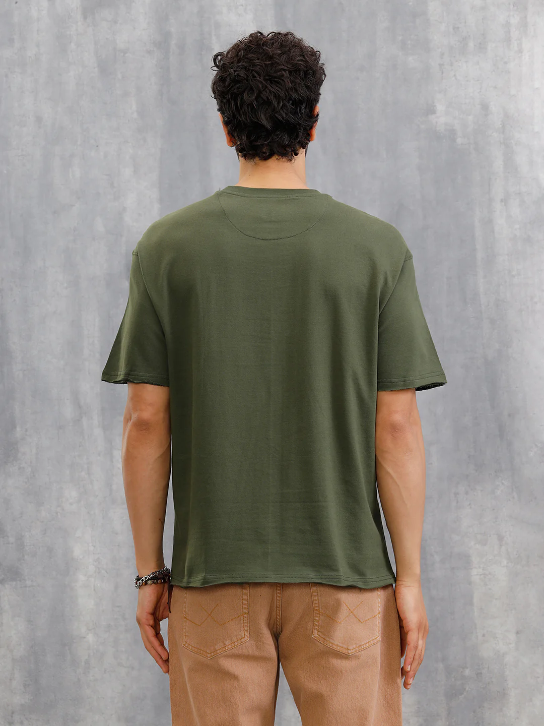 Solid Oversized T-Shirt With Printed Canvas Patch And Raw Edge Detail | Olive - Image 6