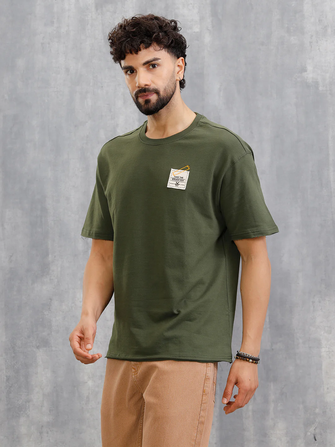 Solid Oversized T-Shirt With Printed Canvas Patch And Raw Edge Detail | Olive - Image 7