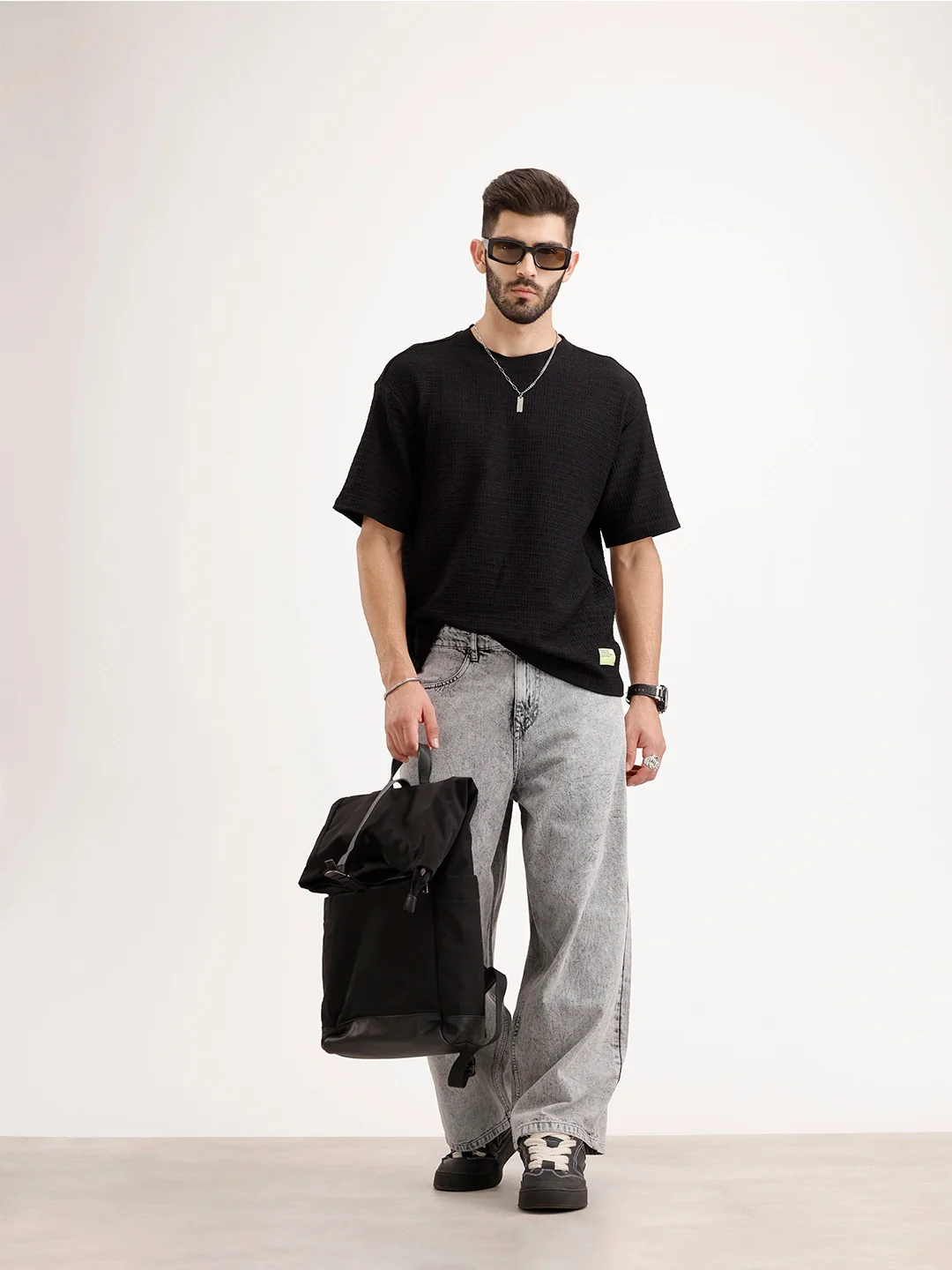 Solid Oversized Textured T-Shirt | Black - Image 2