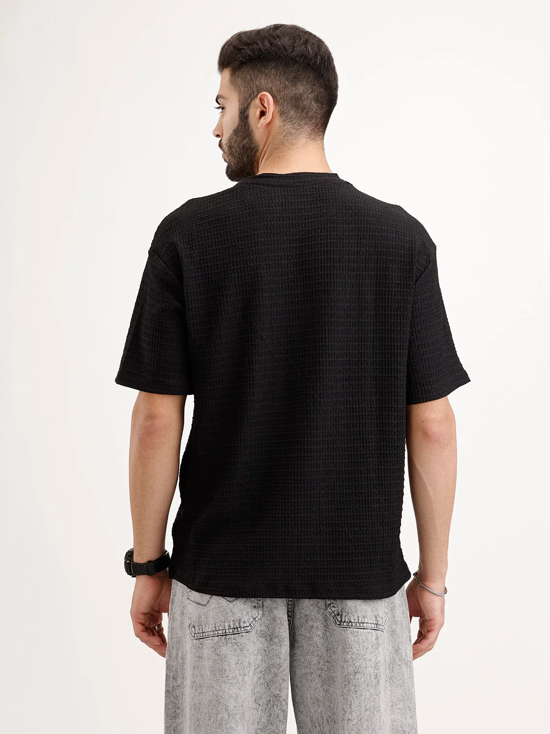 Solid Oversized Textured T-Shirt | Black - Image 3