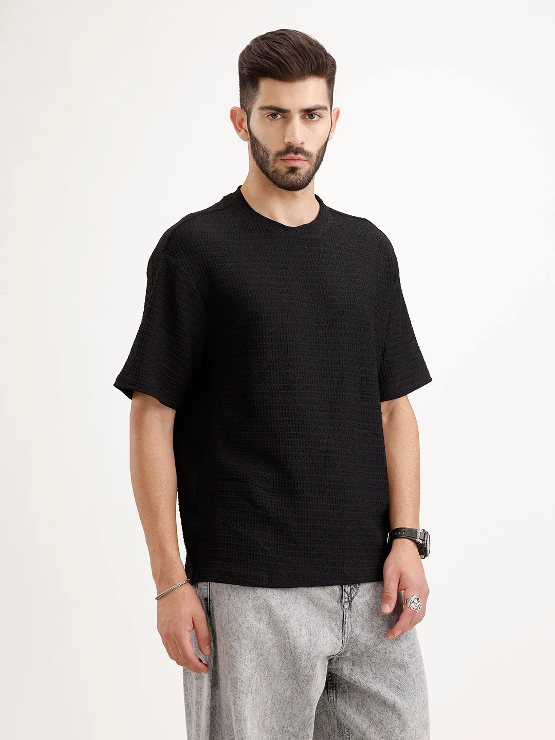 Solid Oversized Textured T-Shirt | Black - Image 4