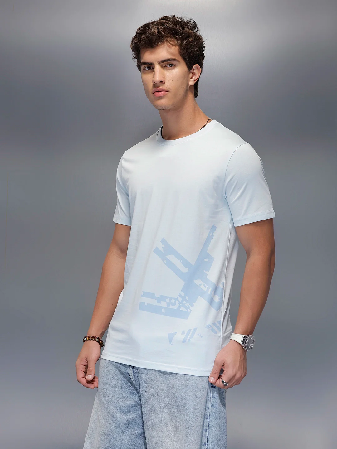 Solid Placement Printed T-Shirt   |  Light Blue - Image 4