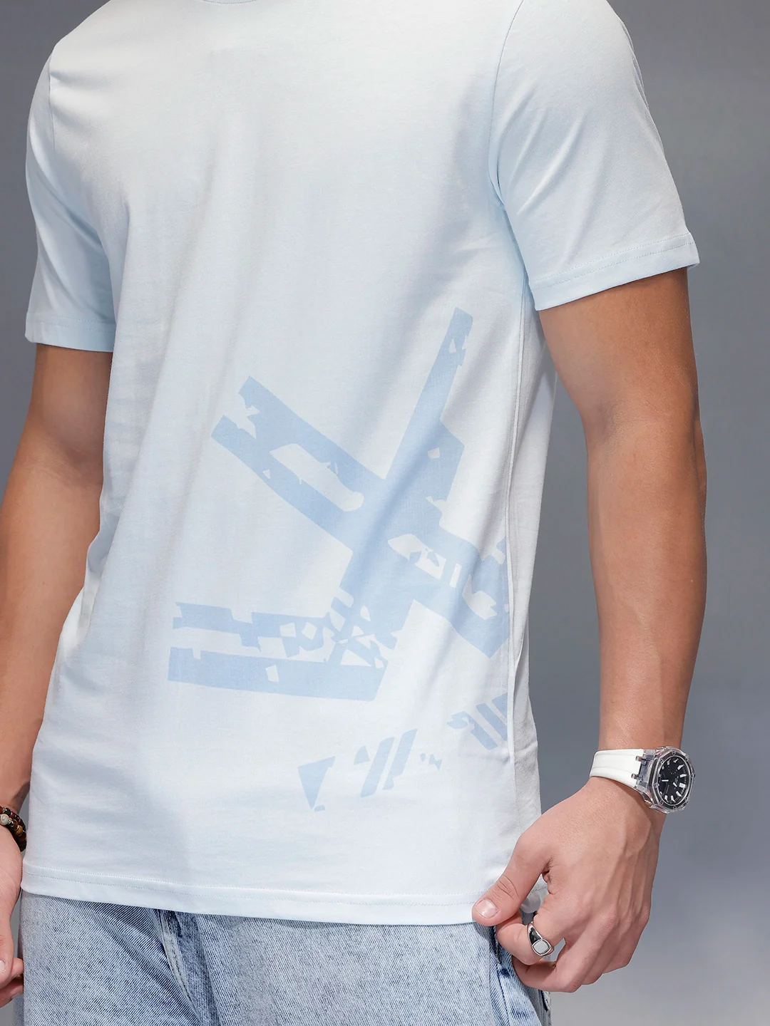 Solid Placement Printed T-Shirt   |  Light Blue - Image 5