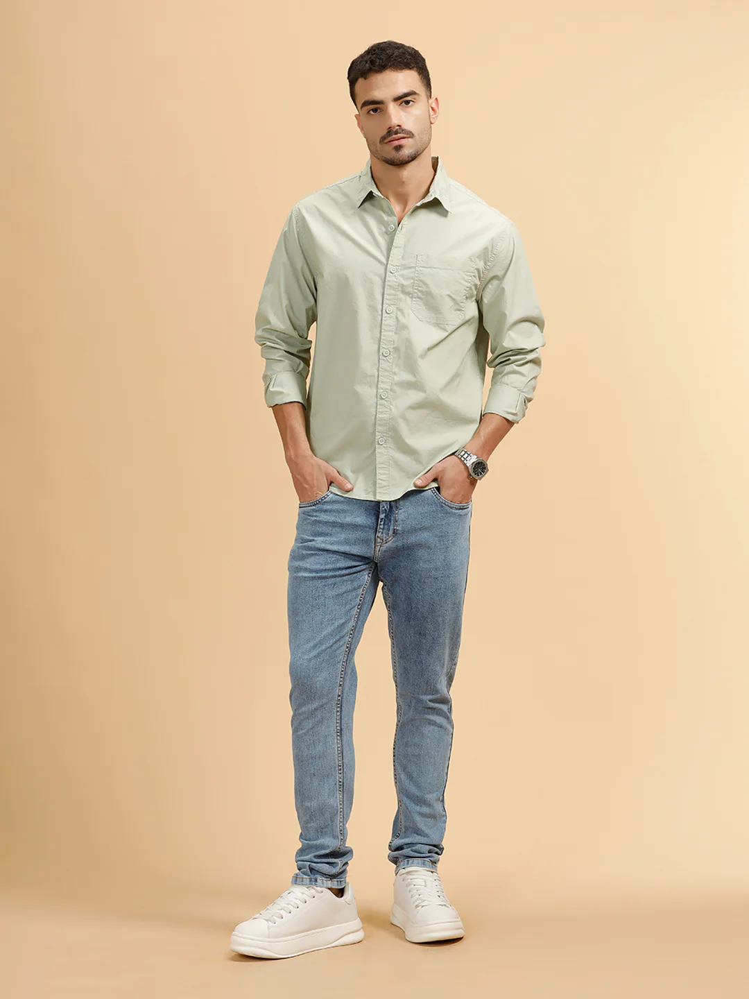 Solid Poplin Slim Fit Shirt | Light Green - Image 2