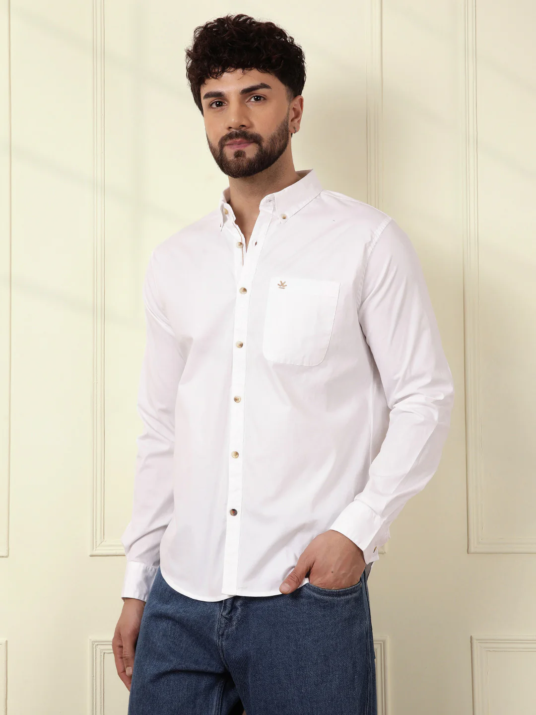 Solid Cotton Blend Stretch Shirt | White - Image 4