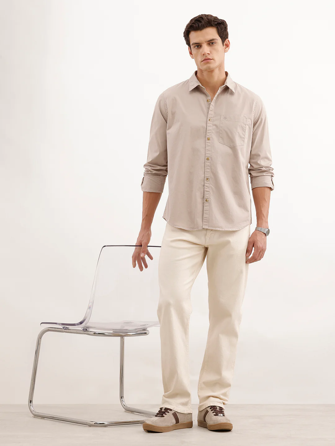 Solid Regular Fit 100% Cotton Shirt  | Beige - Image 2