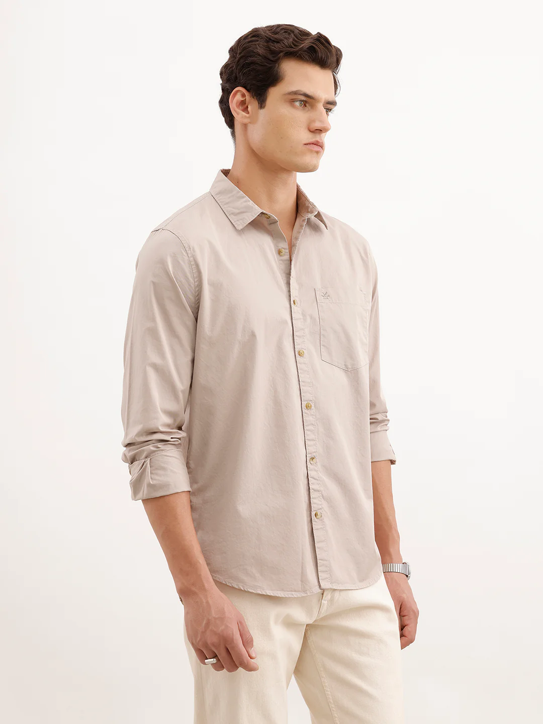 Solid Regular Fit 100% Cotton Shirt  | Beige - Image 4