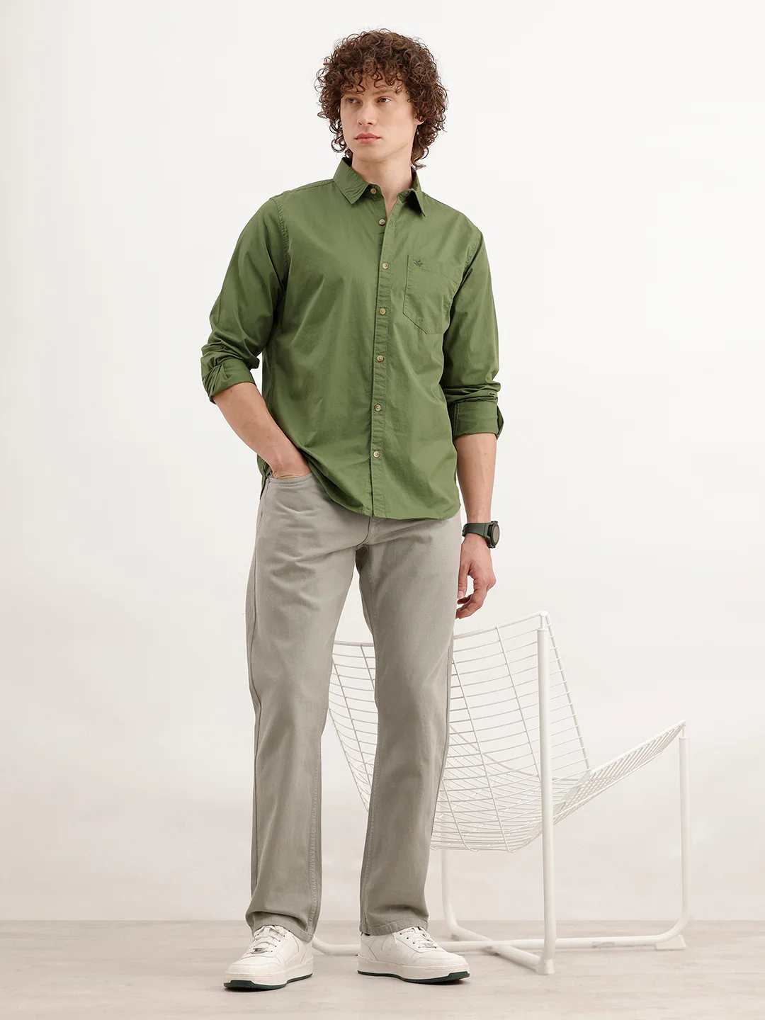 Solid Regular Fit 100% Cotton Shirt | Olive - Image 2