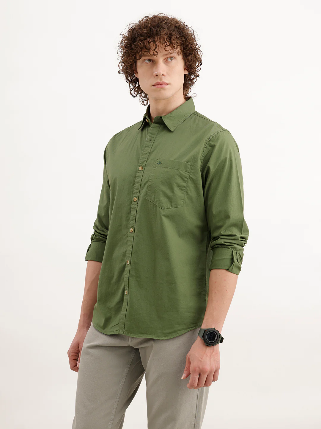 Solid Regular Fit 100% Cotton Shirt | Olive - Image 4