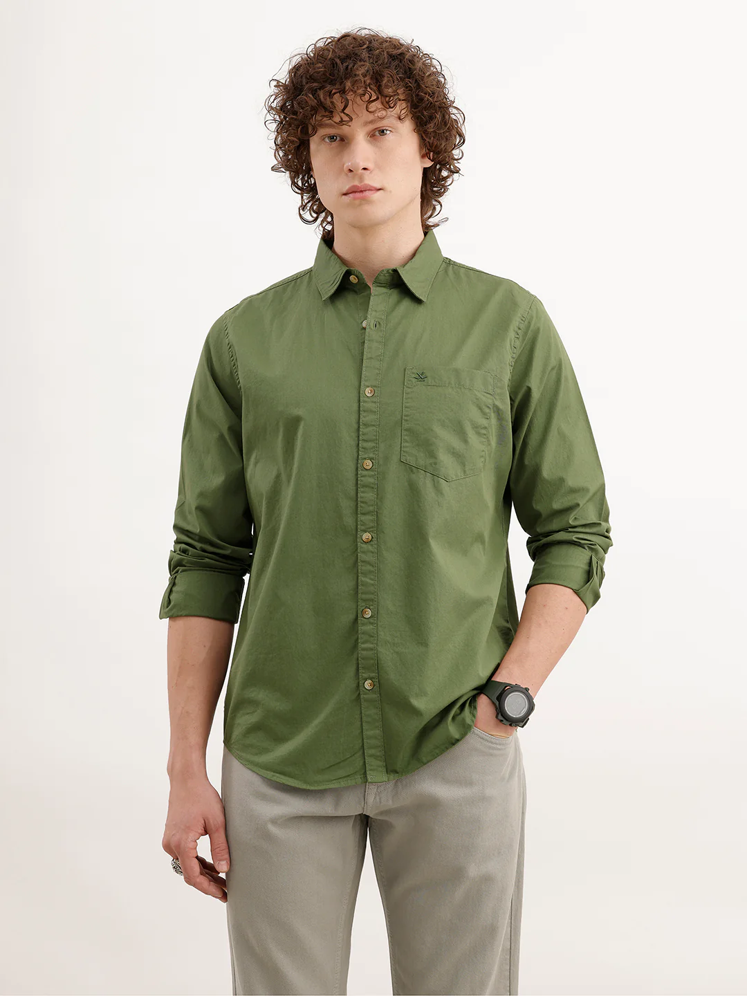 Solid Regular Fit 100% Cotton Shirt | Olive - Image 6