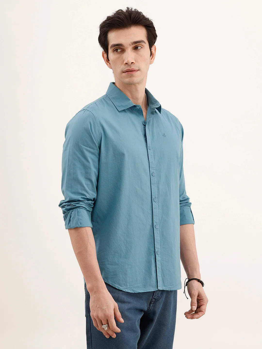 Solid Regular Fit 100% Cotton Shirt | Teal - Image 4