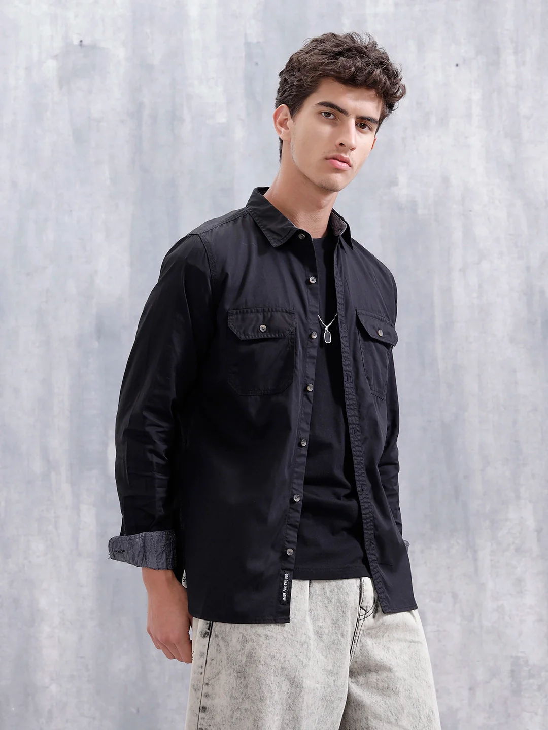 Solid Regular Fit Cotton Shirt | Black - Image 4