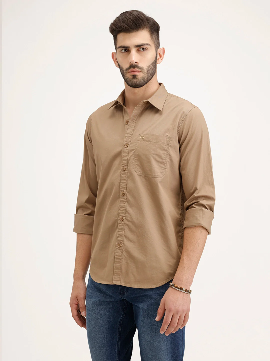 Solid Regular Fit Full Sleeve Shirt | Khaki - Image 4