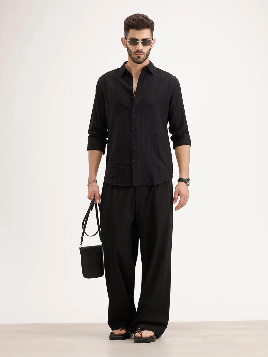 Solid Regular Fit Textured Shirt | Black - Image 2