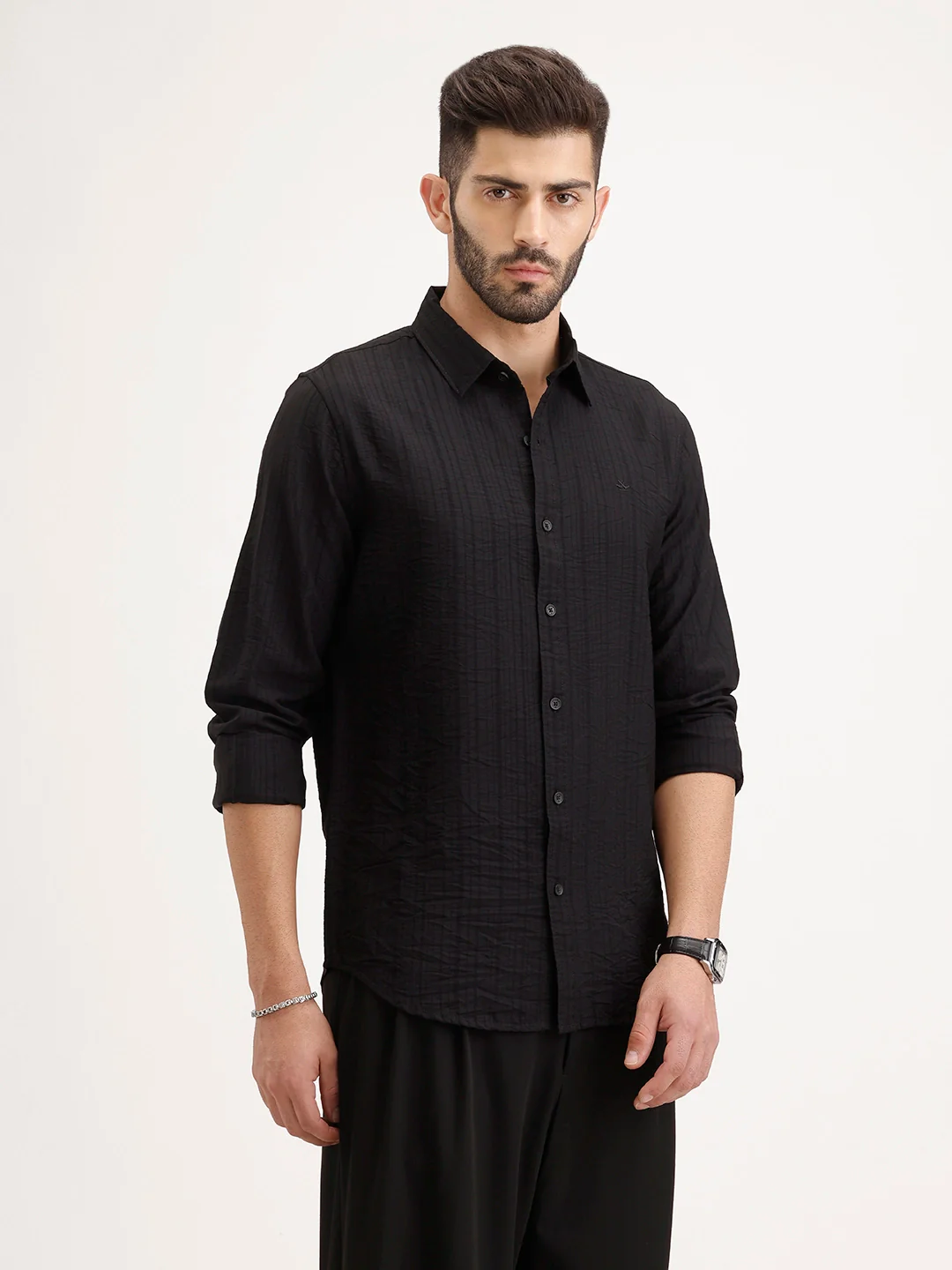 Solid Regular Fit Textured Shirt | Black - Image 4