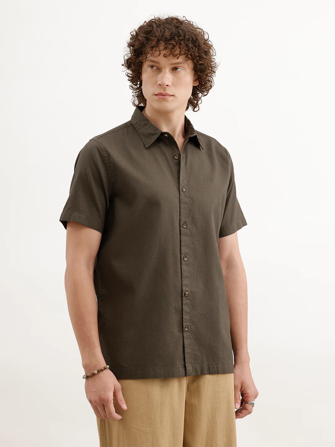 Solid Regular Fit Textured Shirt  | Olive - Image 4