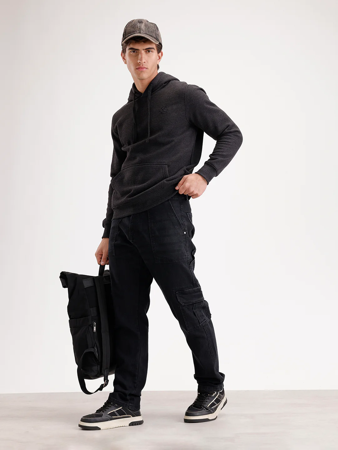 Solid Relaxed Fit Denim Cargo  | Black - Image 2