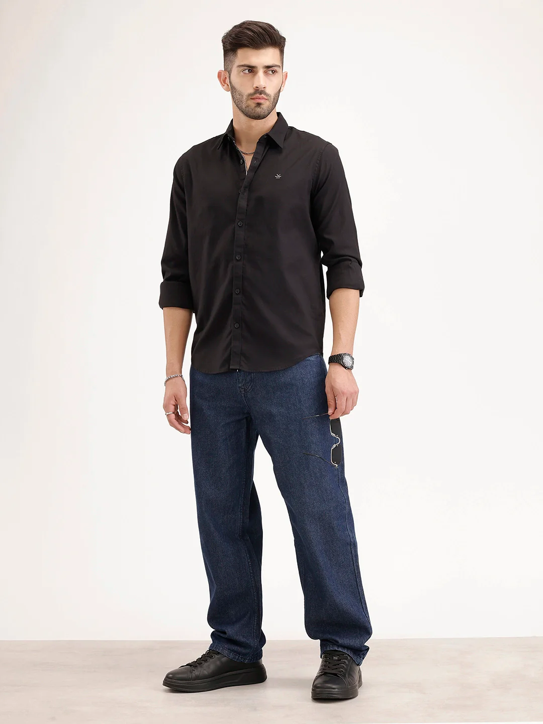 Solid Slim Fit 100% Cotton Shirt | Black - Image 2