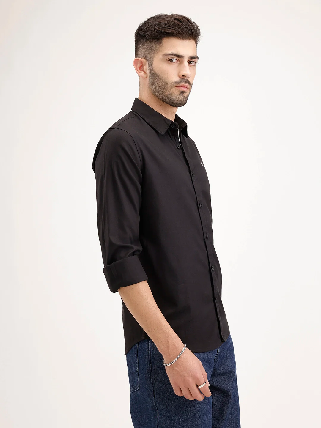 Solid Slim Fit 100% Cotton Shirt | Black - Image 4