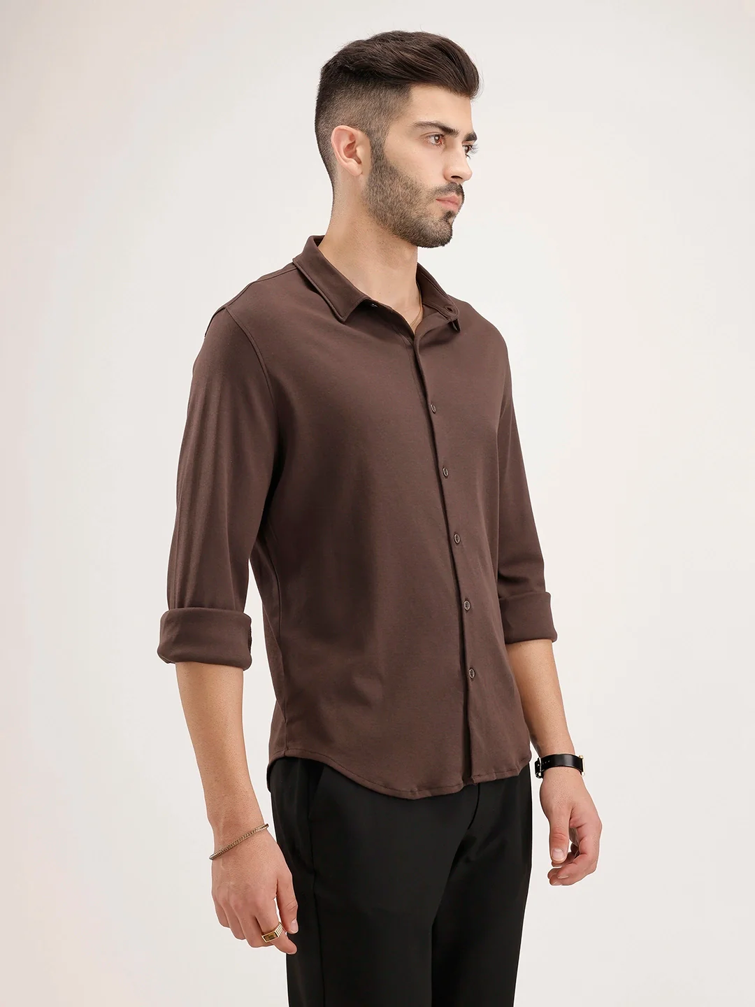 Solid Slim Fit 100% Cotton Shirt | Brown - Image 4